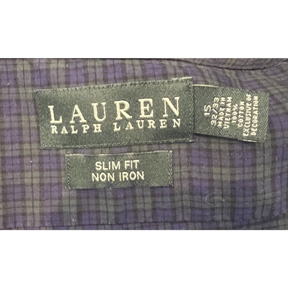 Ralph Lauren Slim Fit Non-Iron Men’s 15 32/33 Blue Green Plaid Button down Shirt - Picture 5 of 7